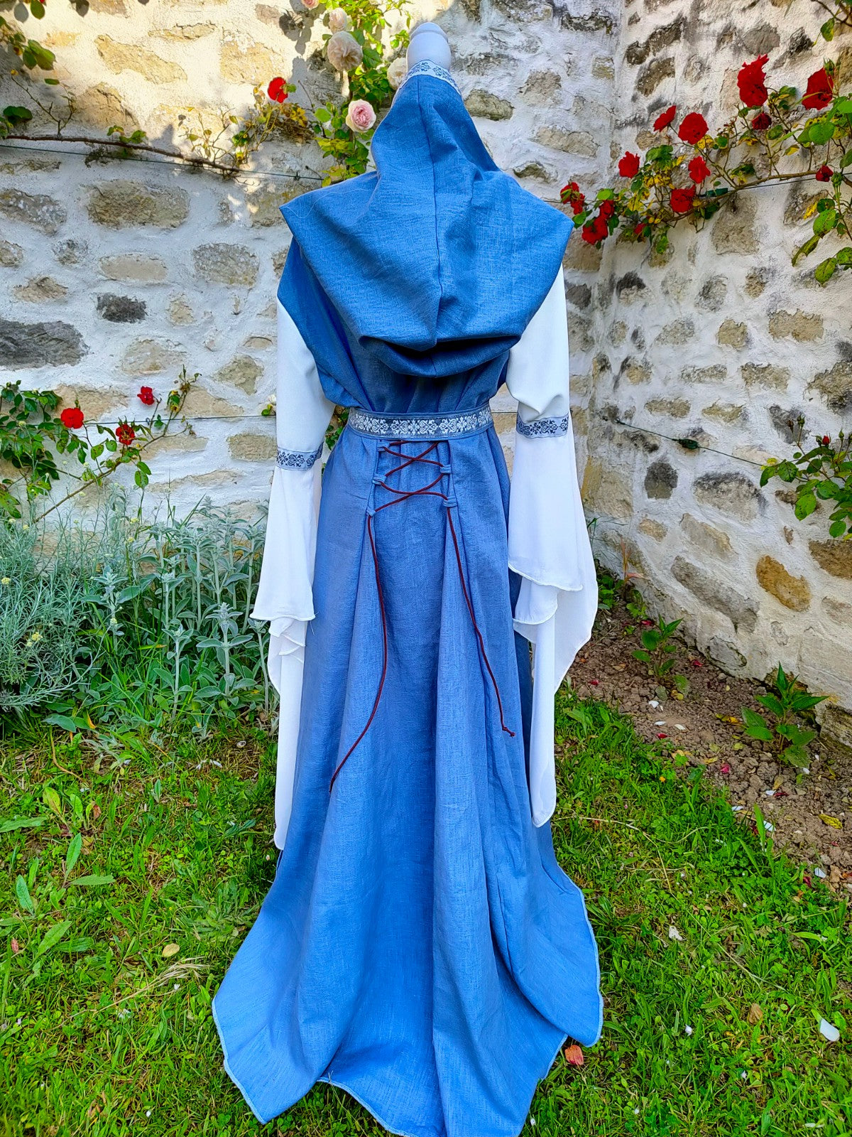 Robe médiévale ou elfique en lin bleu et jersey taille unique 38/48 !