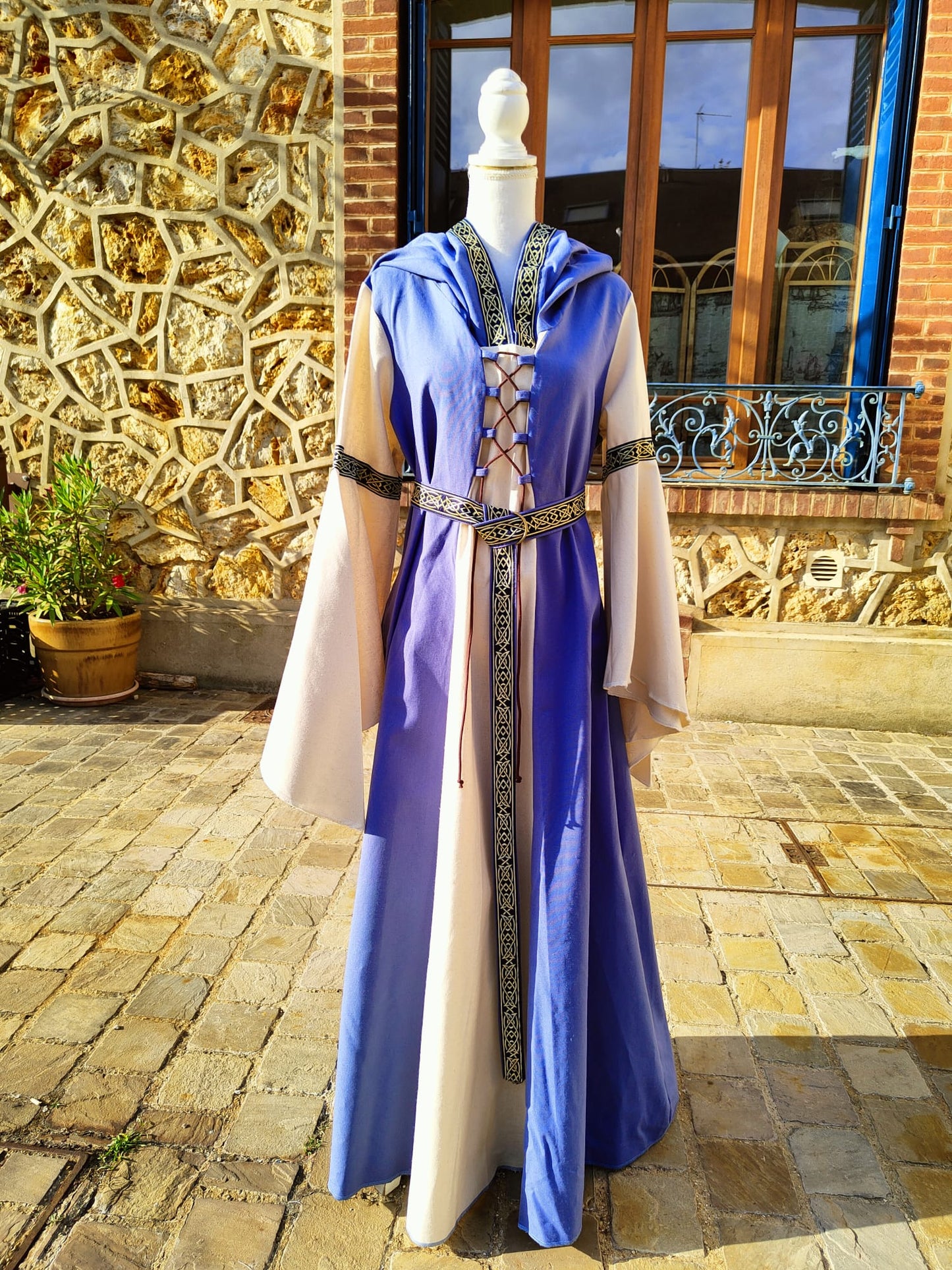 Robe bleue et écrue en coton, costume médiéval pour femme, taille unique 38/44