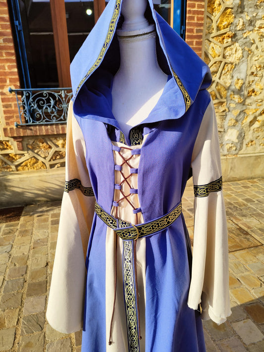 Robe bleue et écrue en coton, costume médiéval pour femme, taille unique 38/44