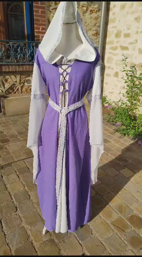 Robe d'évocation médiévale pour femme en lin parme et jersey, avec capuche, taille unique 38 à 46