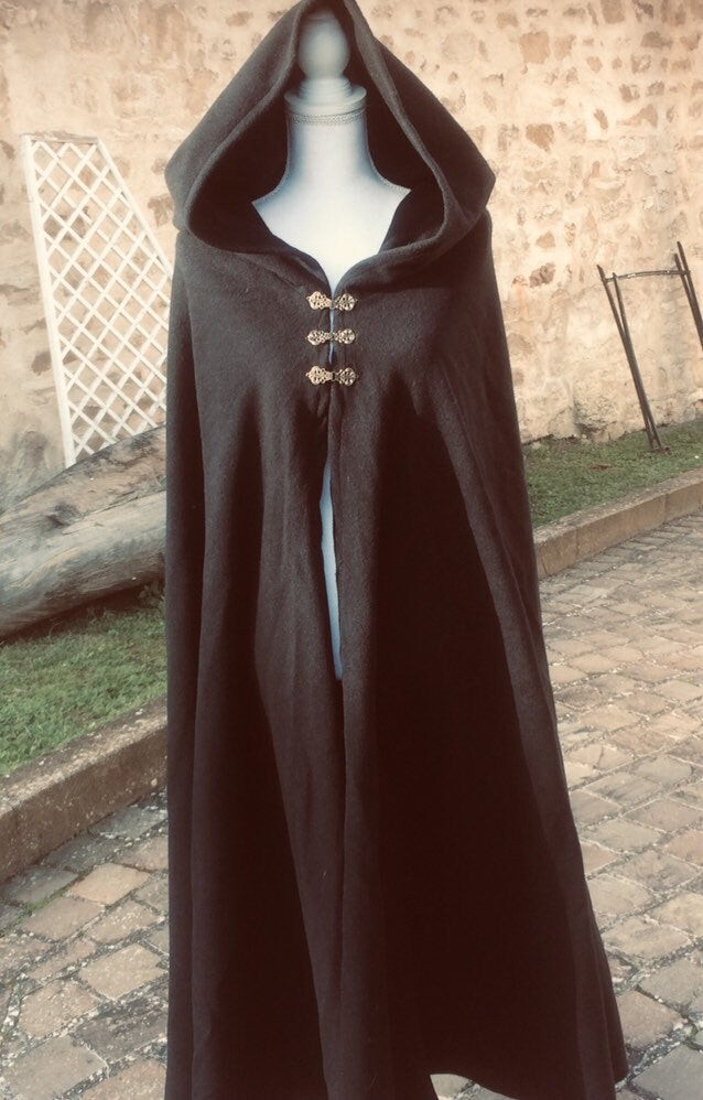 Cape noire grande capuche, manteau en lainage, costume médiéval mixte, victorien, elfique, celtique