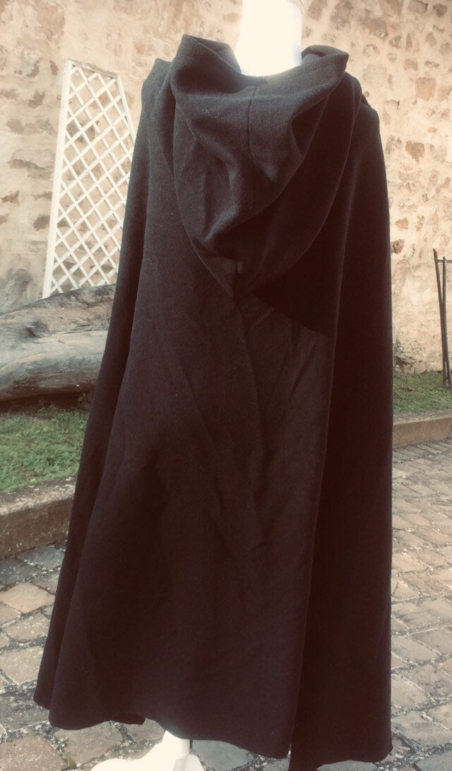 Cape noire grande capuche, manteau en lainage, costume médiéval mixte, victorien, elfique, celtique