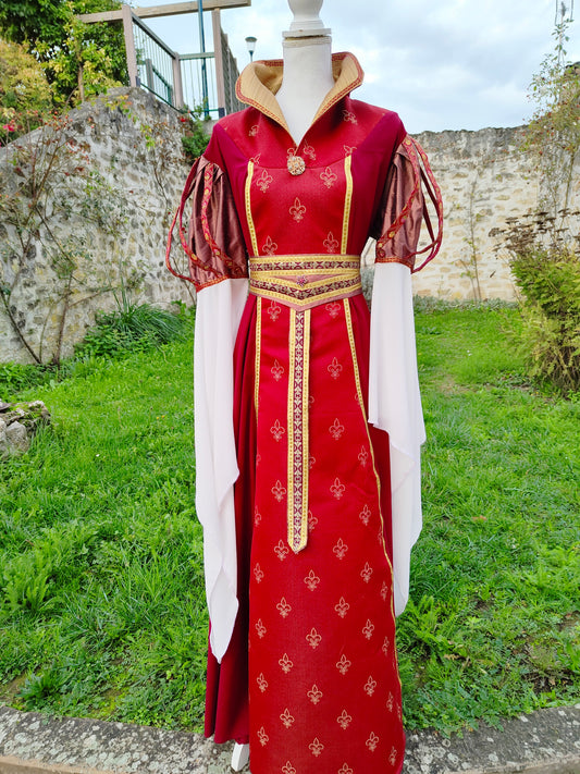 Robe médiévale ou Renaissance en lin et jacquard fleurs de lys