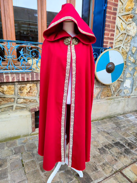 Cape médiévale en lainage rouge, mixte, avec grande capuche