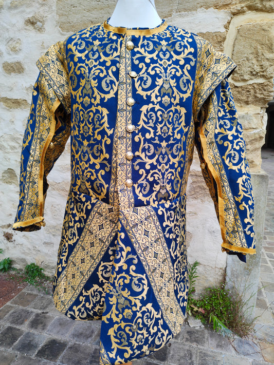 Veste royale pour mariage médiéval, Renaissance,  Louis XIV, avec manches ouvertes, bleue et or