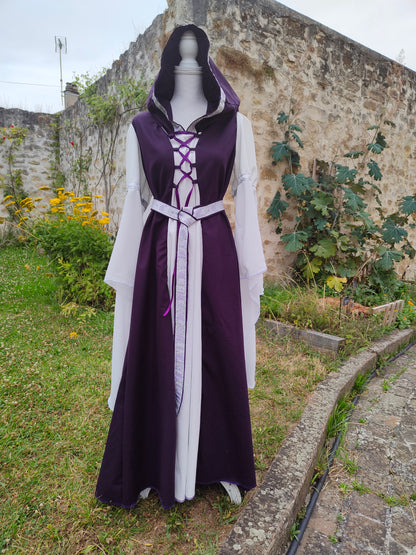 Robe médiévale ou elfique violet et écrue taille unique du 38 au 46