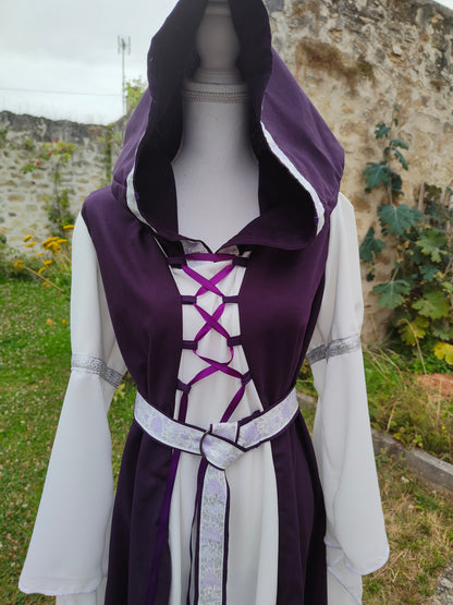 Robe médiévale ou elfique violet et écrue taille unique du 38 au 46