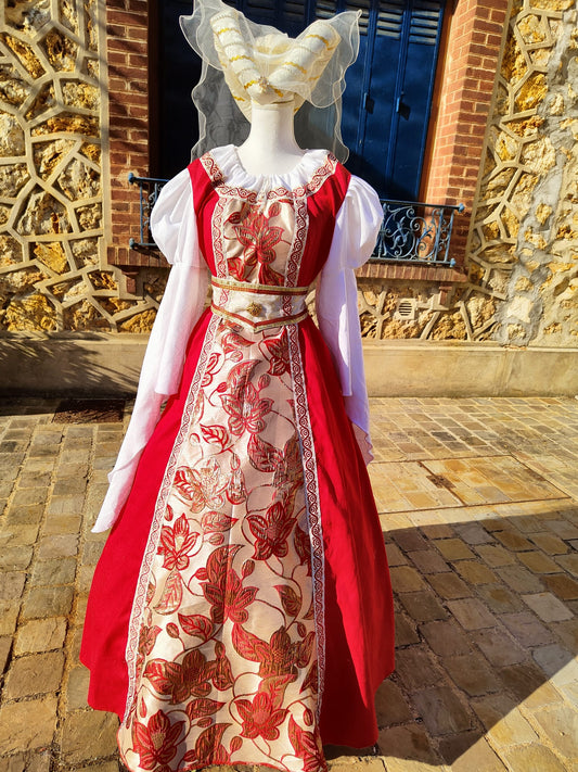 Robe Renaissance pour femme taille unique 38 au 46 en lin rouge et jacquard