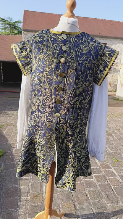 Veste XV ème,XVI ème siècle en jacquard bleu et jaune doré à arabesques