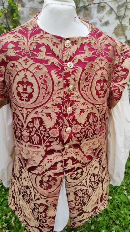 Veste médiévale ou Renaissance pour homme, en jacquard rouge et doré