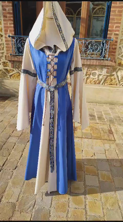 Robe médiévale pour femme en coton avec joli galon, laçages, taille unique du 38 au 44