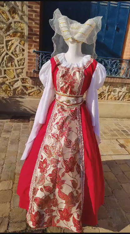 Robe Renaissance pour femme taille unique 38 au 46 en lin rouge et jacquard