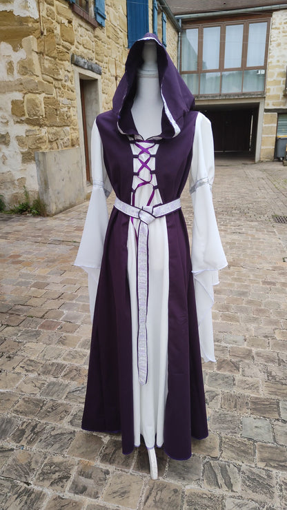 Robe médiévale ou elfique violet et écrue taille unique du 38 au 46