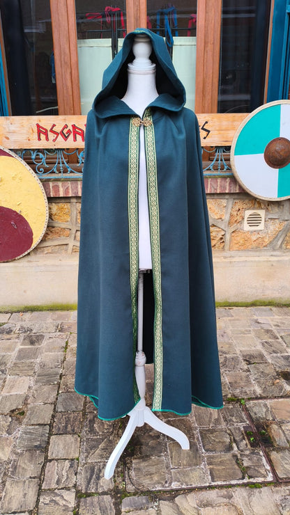 Cape médiévale ou viking mixte verte avec une grande capuche