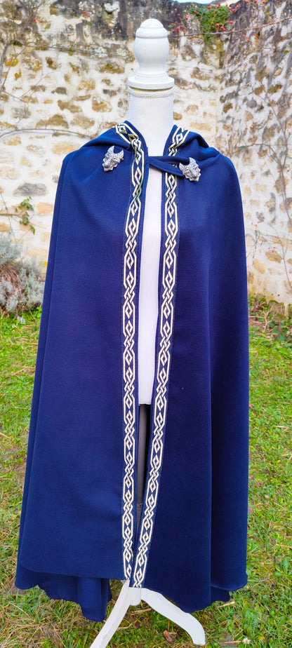 Cape médiévale / viking en lainage bleu marine avec capuche