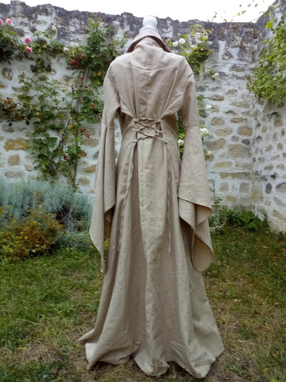 Robe médiévale en lin beige taille unique avec laçages devant et au dos