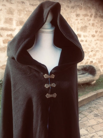 Cape noire grande capuche, manteau en lainage, costume médiéval mixte, victorien, elfique, celtique