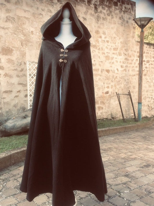 Cape noire grande capuche, manteau en lainage, costume médiéval mixte, victorien, elfique, celtique