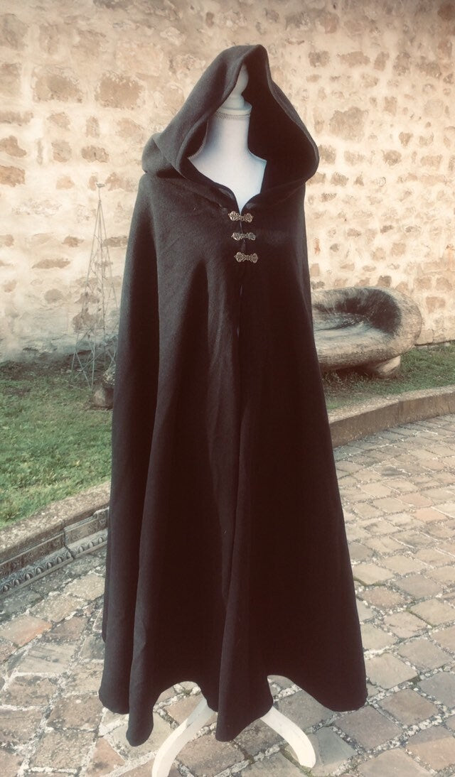 Cape noire grande capuche, manteau en lainage, costume médiéval mixte, victorien, elfique, celtique